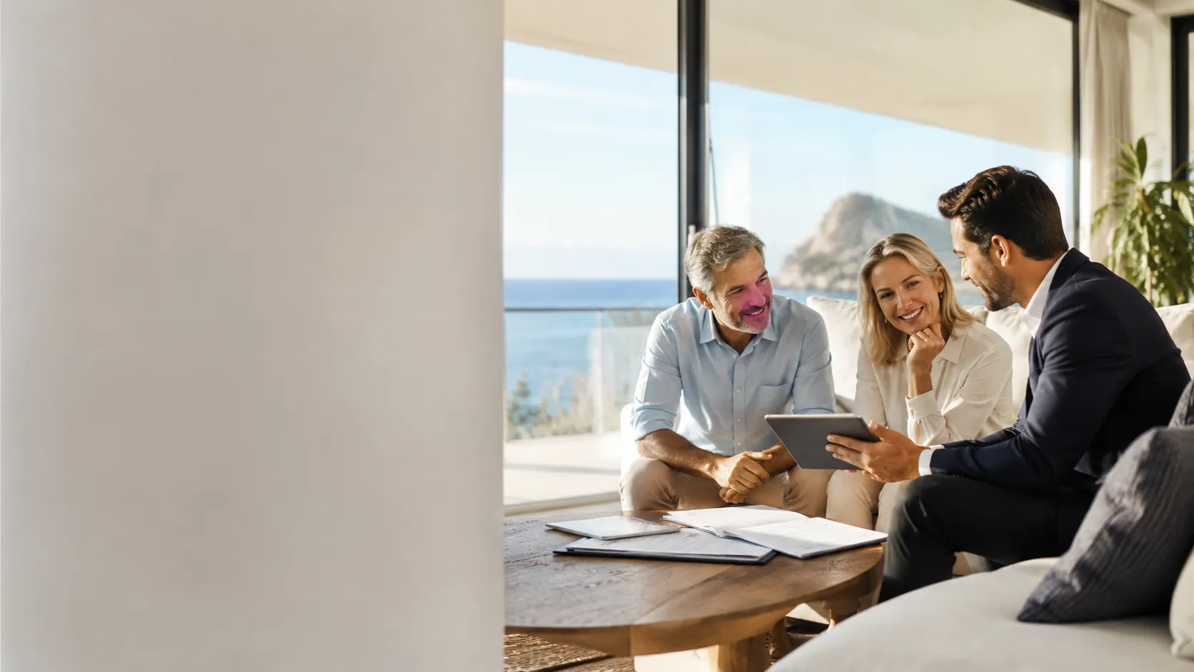 Agente inmobiliario explicando una valoración a una pareja de propietarios en un salón con vistas al mar