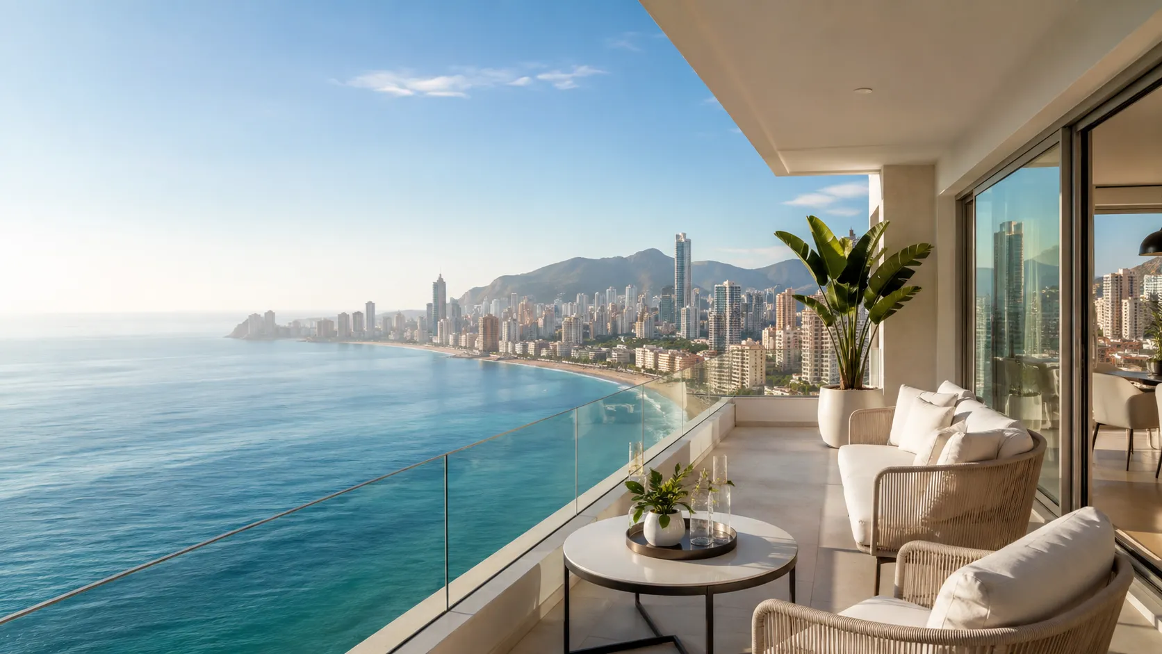 Terraza de un ático en Benidorm con vistas a la playa de Levante y al skyline de la ciudad