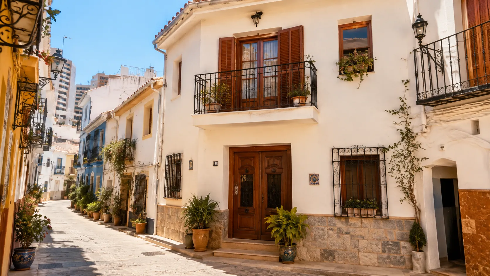 Calle empedrada del casco antiguo de Benidorm con casas encaladas y balcones tradicionales