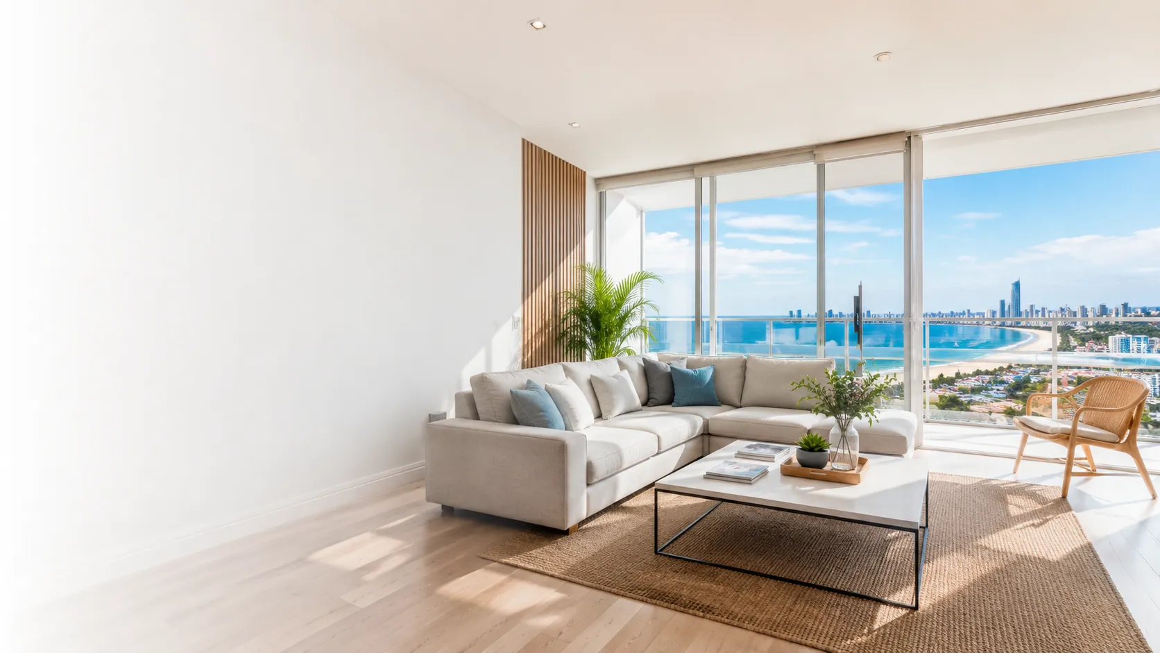 Salón luminoso de una vivienda en Benidorm con ventanales y vistas a la bahía