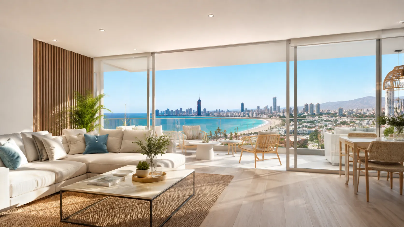 Salón con vistas panorámicas a la playa y el skyline de Benidorm desde un piso en Poniente